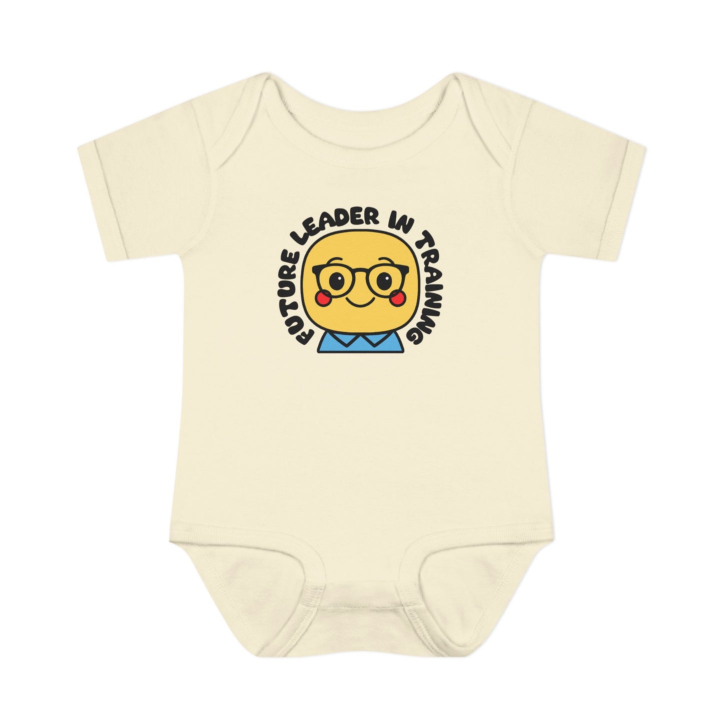 Beige baby onesie with a graphic of a face wearing glasses and text 'Future Leader in Training' on a white background.