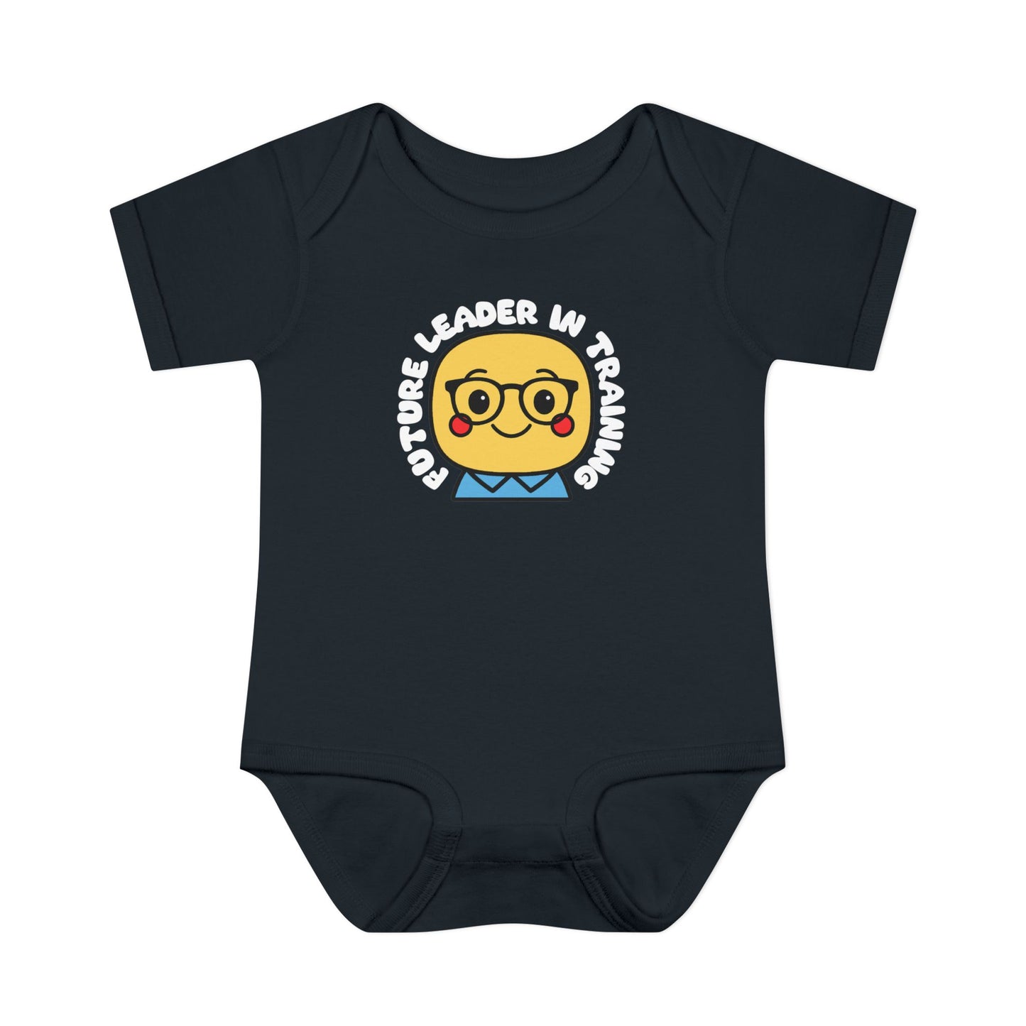 Black baby onesie with a cartoon face and 'Future Leader in Training' text on a white background