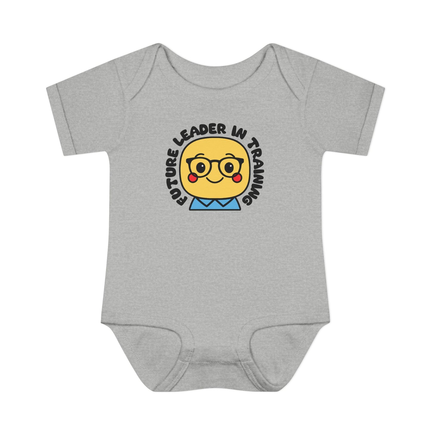 Gray baby onesie with a graphic of a face wearing glasses and text 'Future Leader in Training' on a white background.