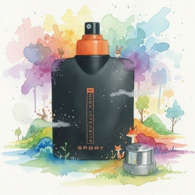 Black perfume bottle labeled 'High Intensity Sport' with colorful watercolor background