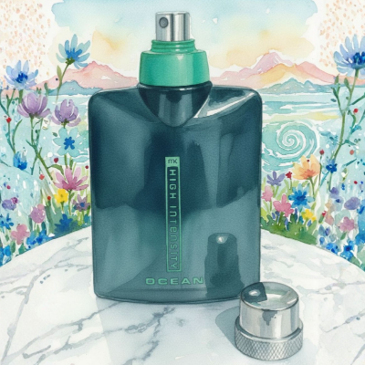 Perfume bottle with a scenic background featuring flowers and mountains.