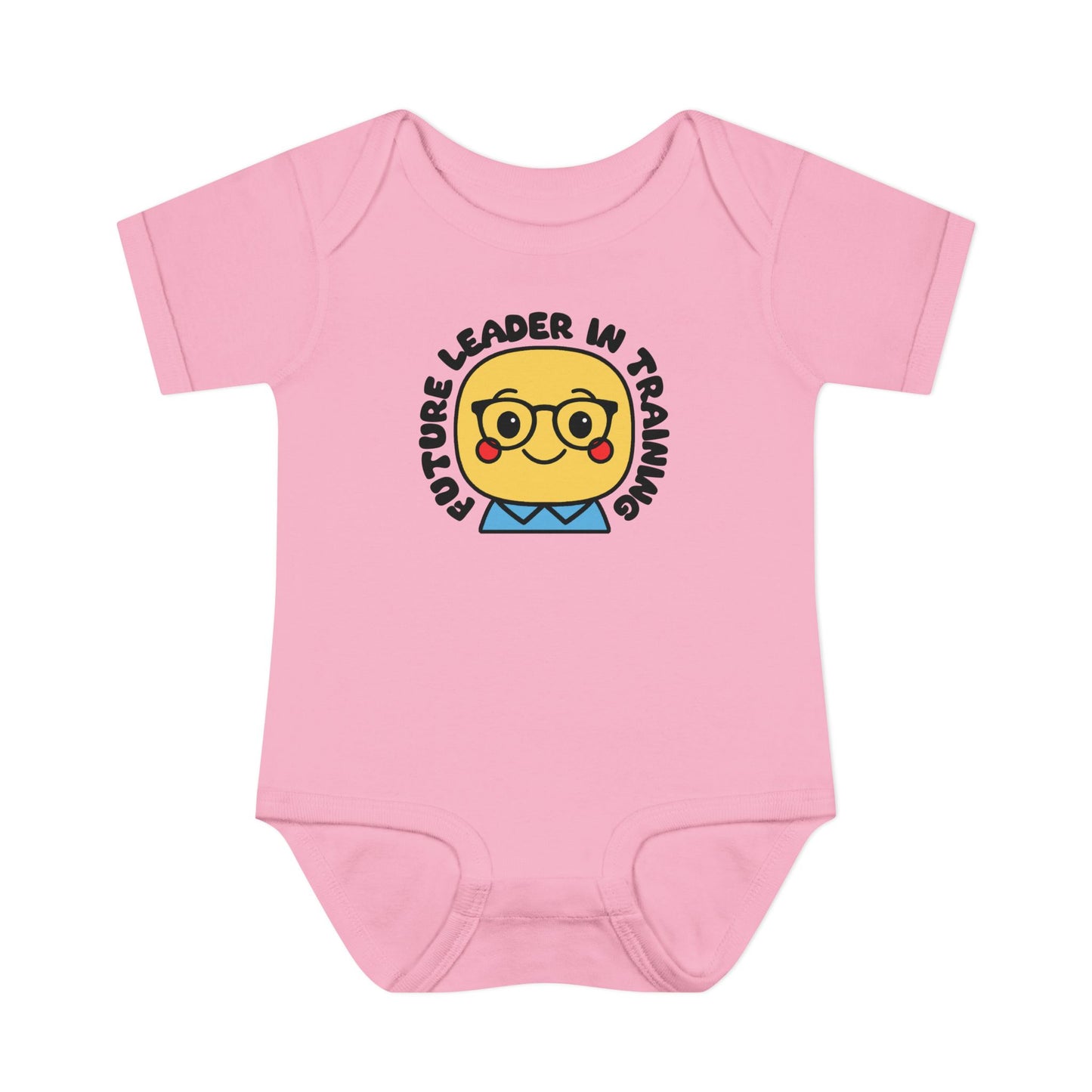 Pink baby onesie with a smiley face and text on a white background