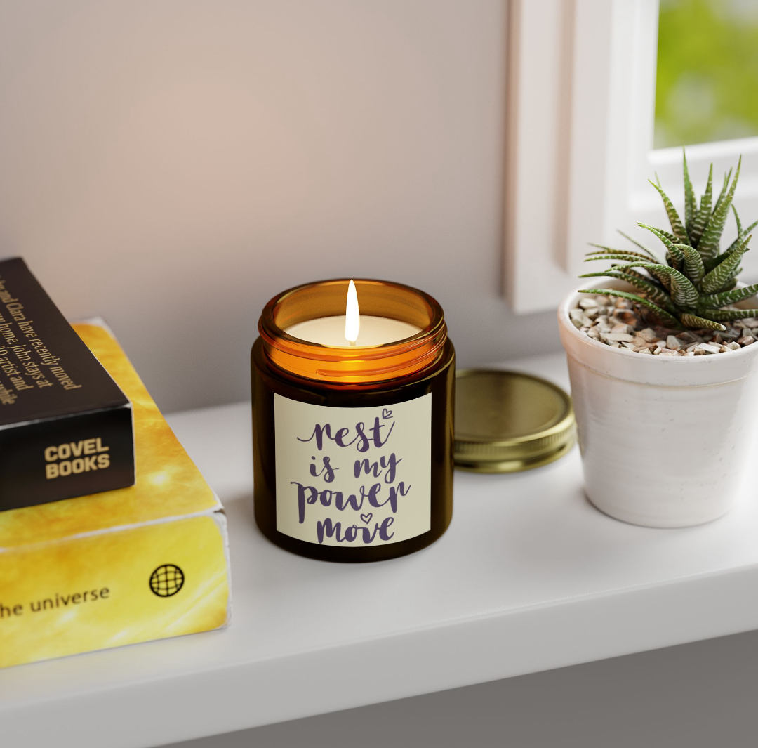 Positive Affirmation 'Rest is My Power Move' Candle (Purple text)