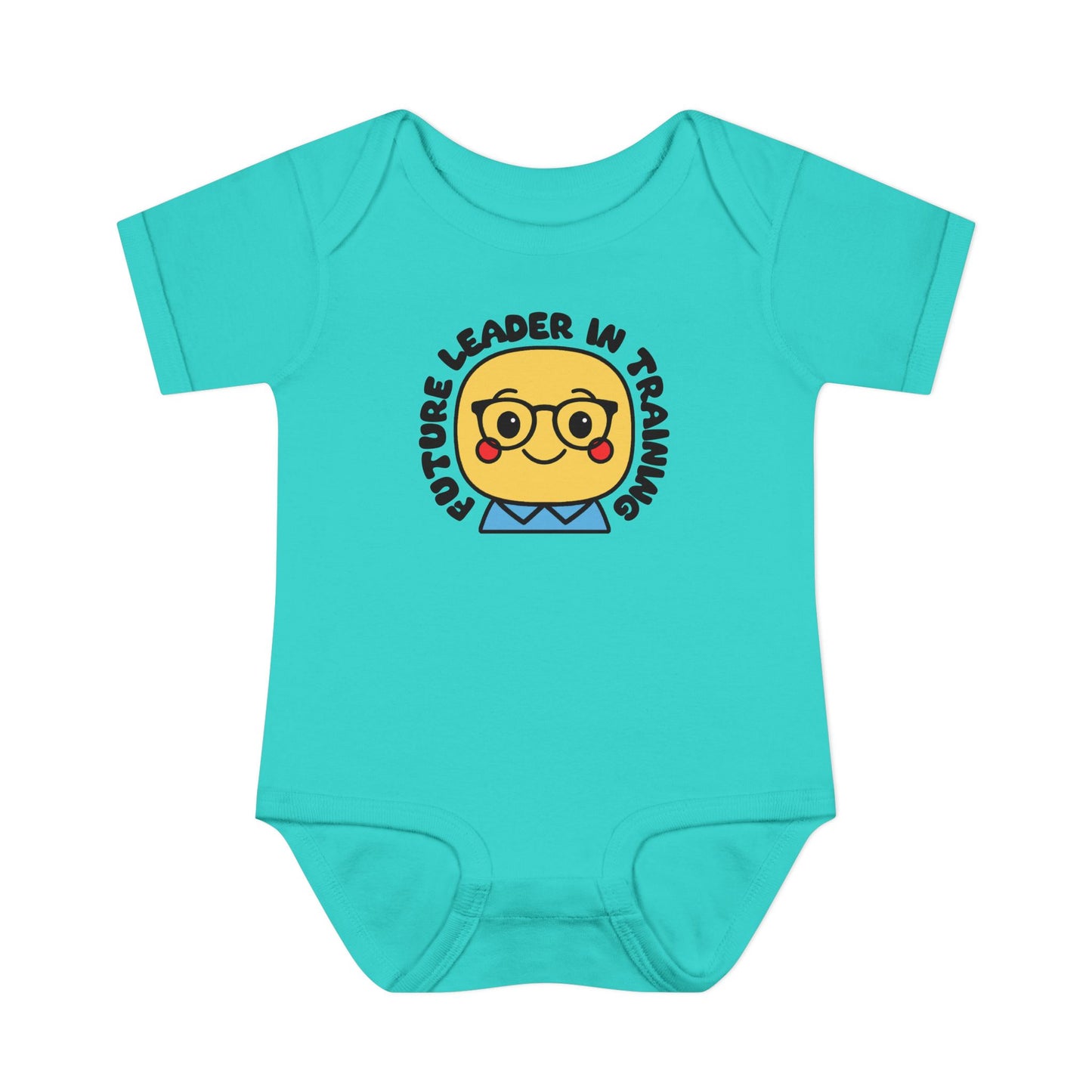Turquoise baby onesie with a graphic of a face wearing glasses and text on a white background