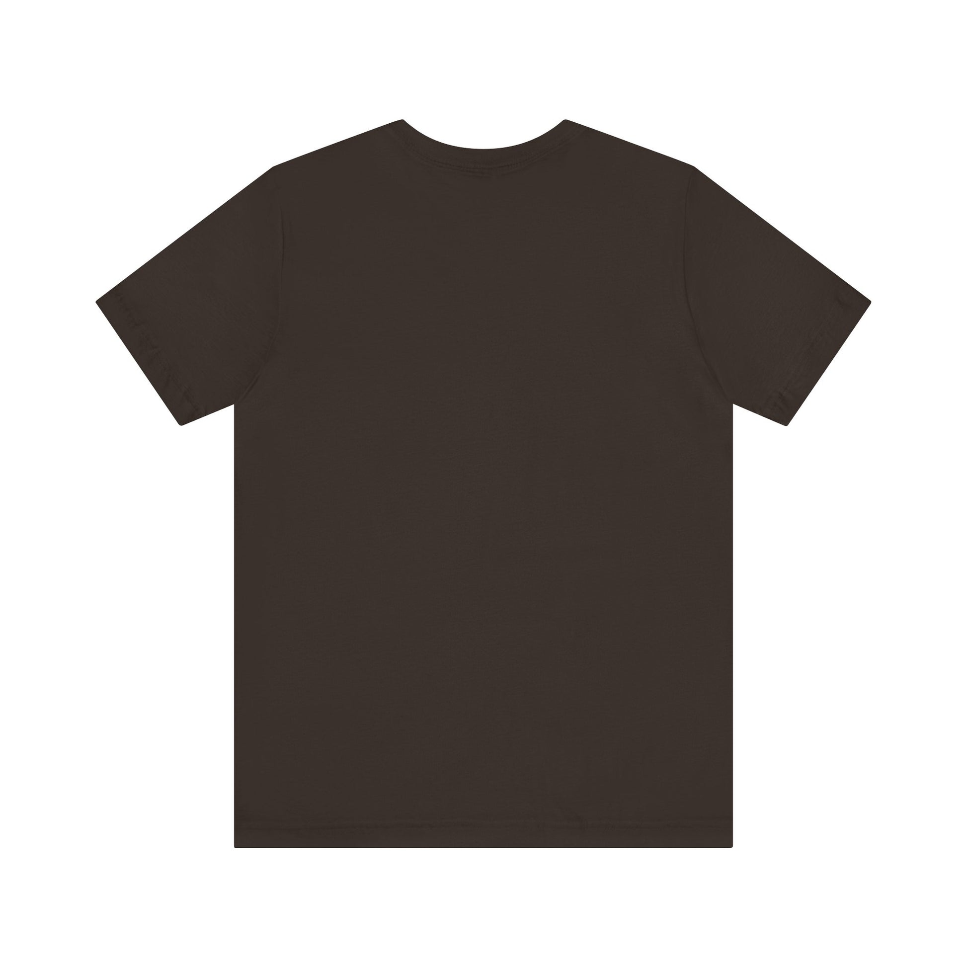 Brown t-shirt backside of colorful typography tee