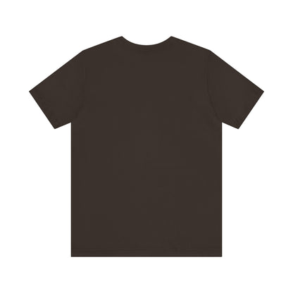 Brown t-shirt backside of colorful typography tee