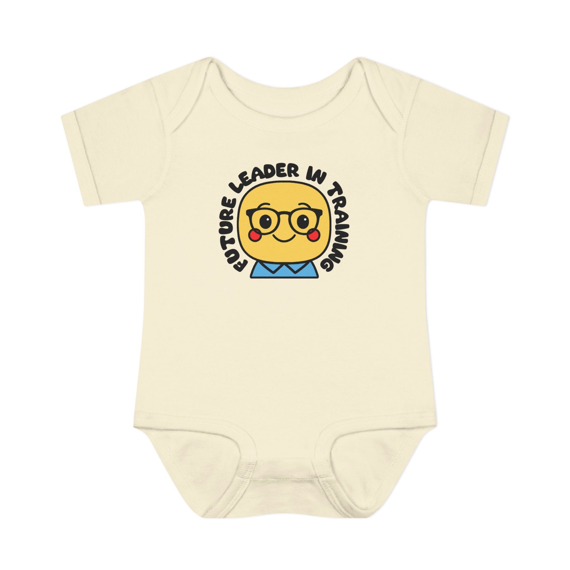 Beige baby onesie with a graphic of a face wearing glasses and text 'Future Leader in Training' on a white background.