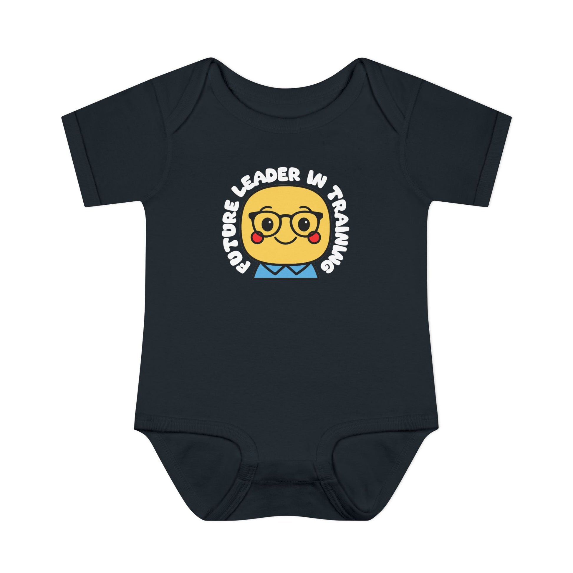 Black baby onesie with a cartoon face and 'Future Leader in Training' text on a white background
