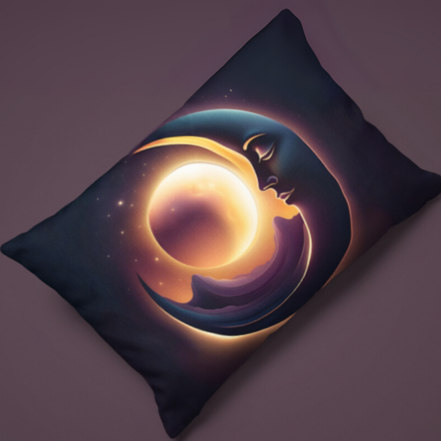Decorative pillow with a celestial design on a dark background
