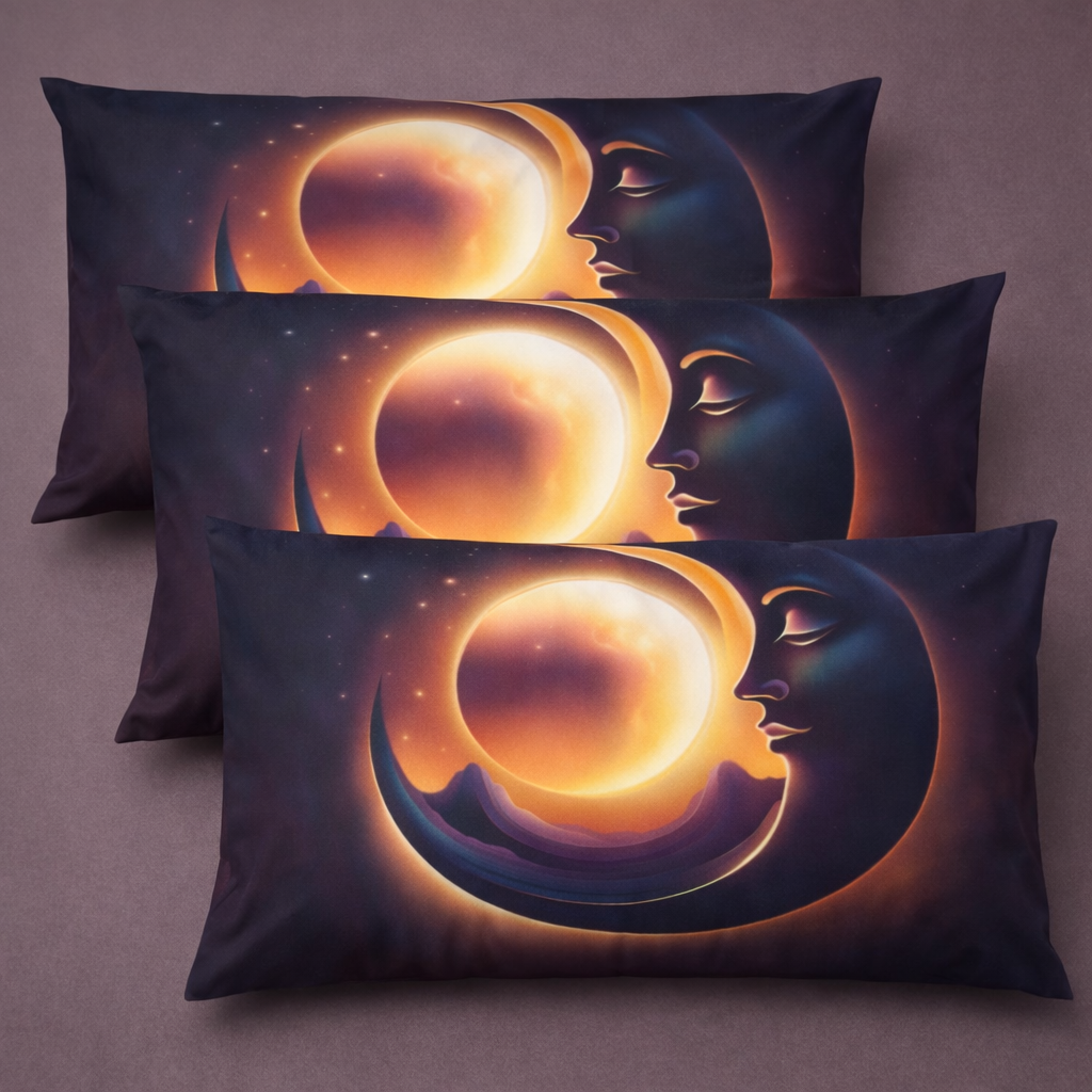 Set of three pillows with sun and moon design on a purple background