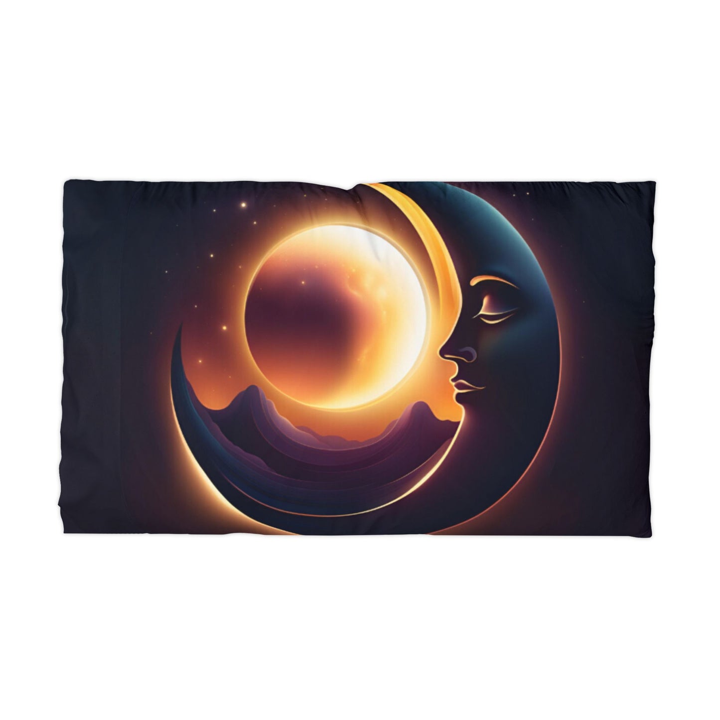 Decorative pillow with a celestial design featuring a face and celestial body 