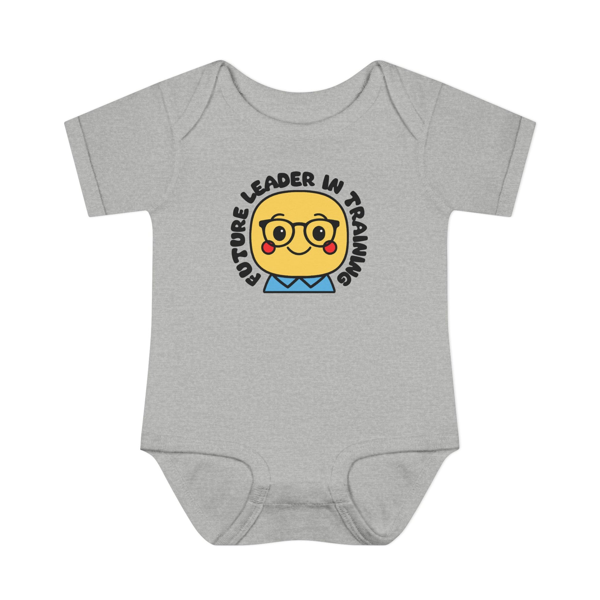 Gray baby onesie with a graphic of a face wearing glasses and text 'Future Leader in Training' on a white background.