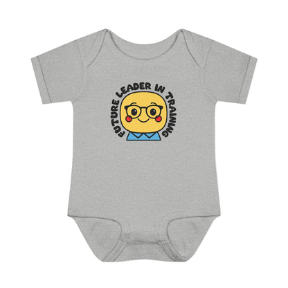 Gray baby onesie with a graphic of a face wearing glasses and text 'Future Leader in Training' on a white background.