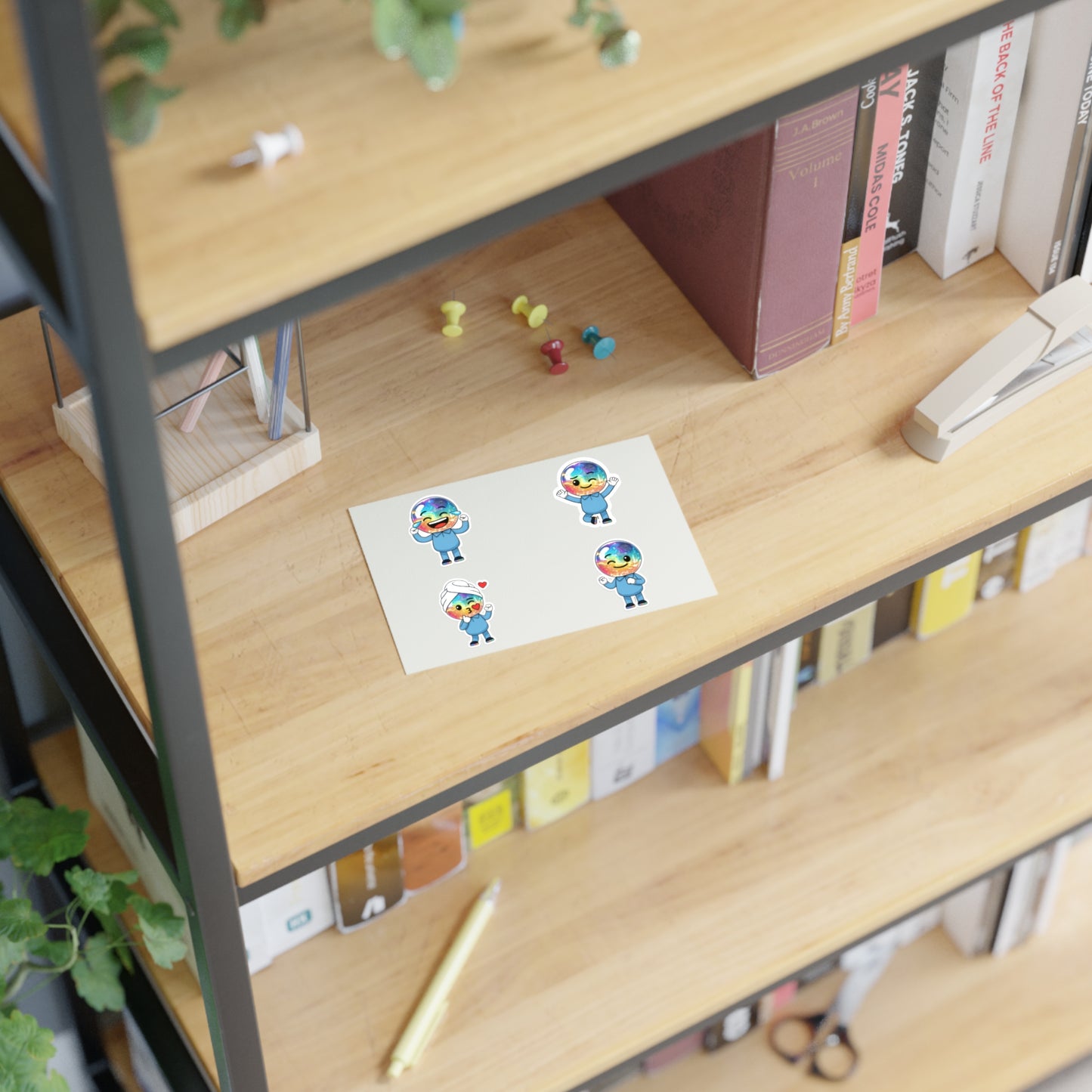 Wooden shelf with books, stationery items, and a sheet of stickers on a desk.