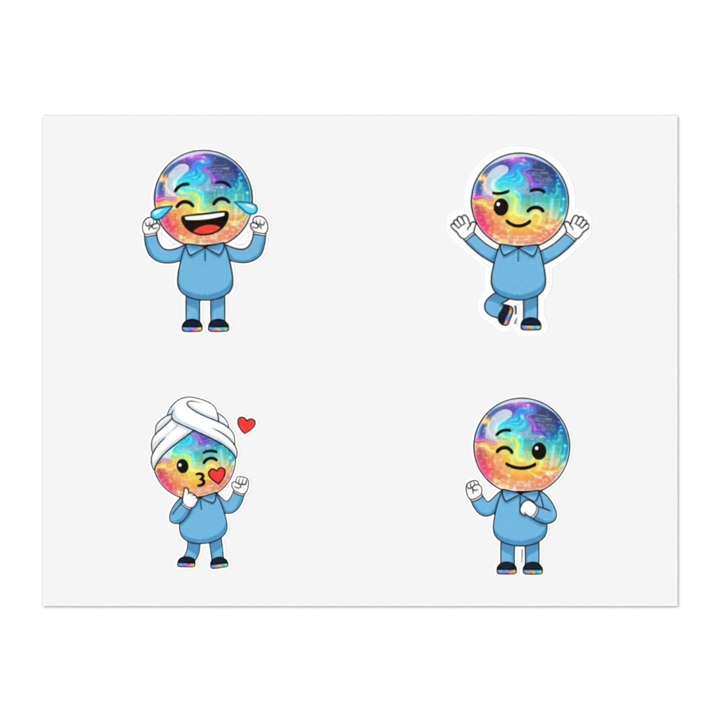 Four cartoon characters with rainbow hats on a white background