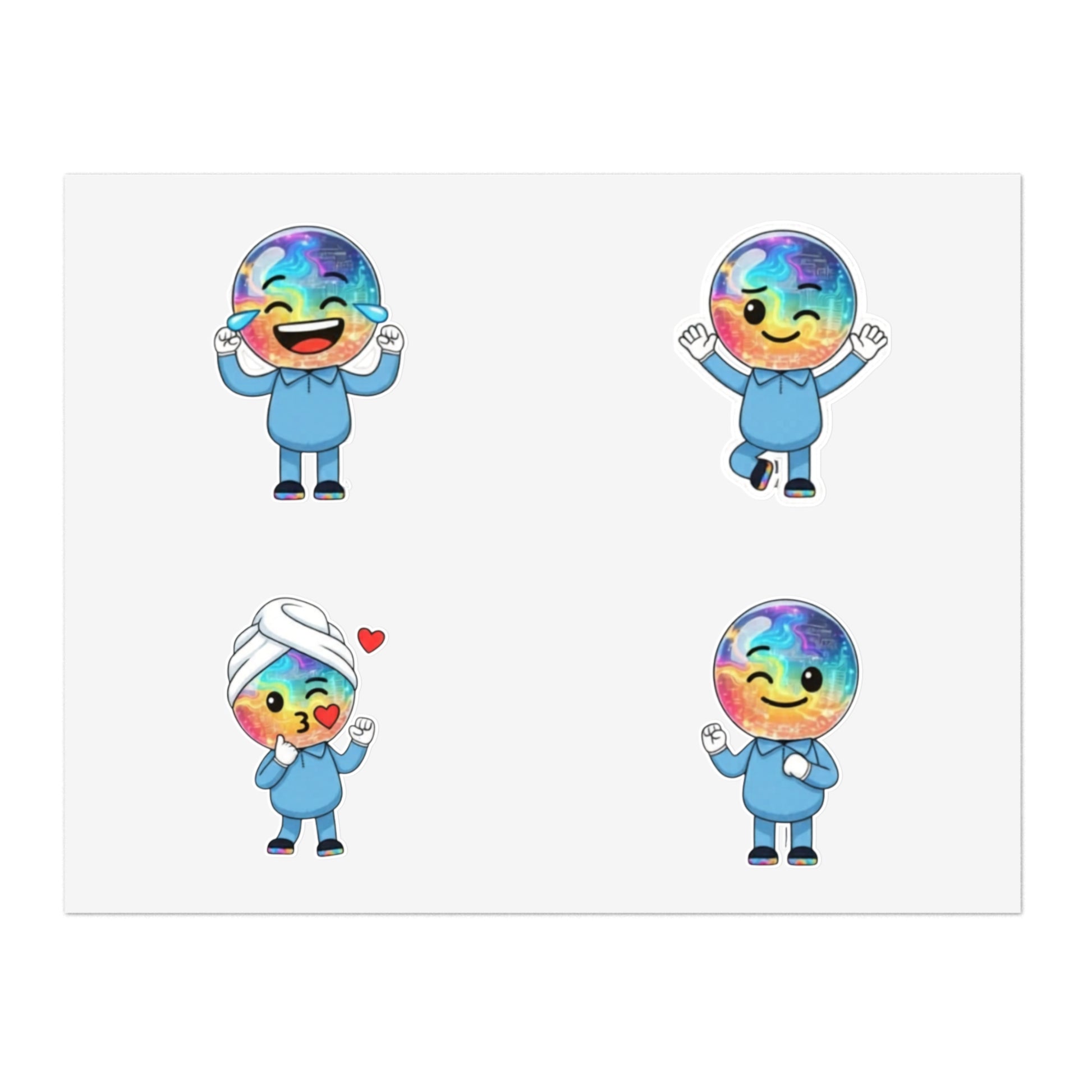 Four cartoon characters with rainbow hats on a white background