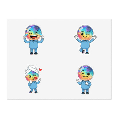 Four cartoon characters with rainbow hats on a white background