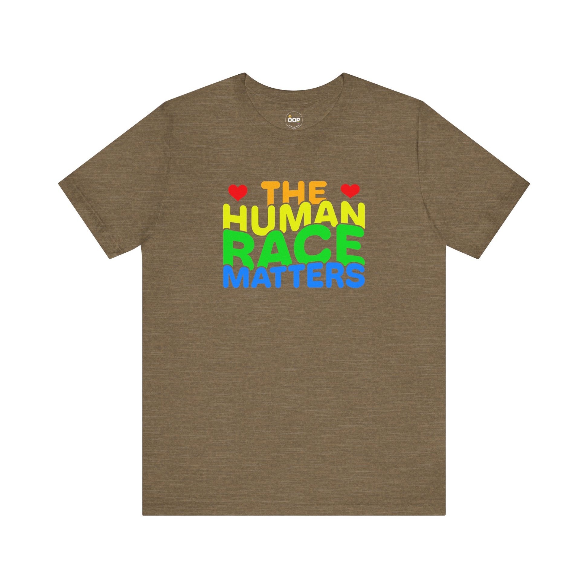 Brown t-shirt with 'THE HUMAN RACE MATTERS' text in multicolor 