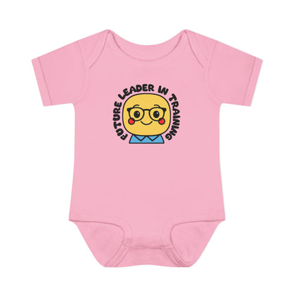 Pink baby onesie with a smiley face and text on a white background
