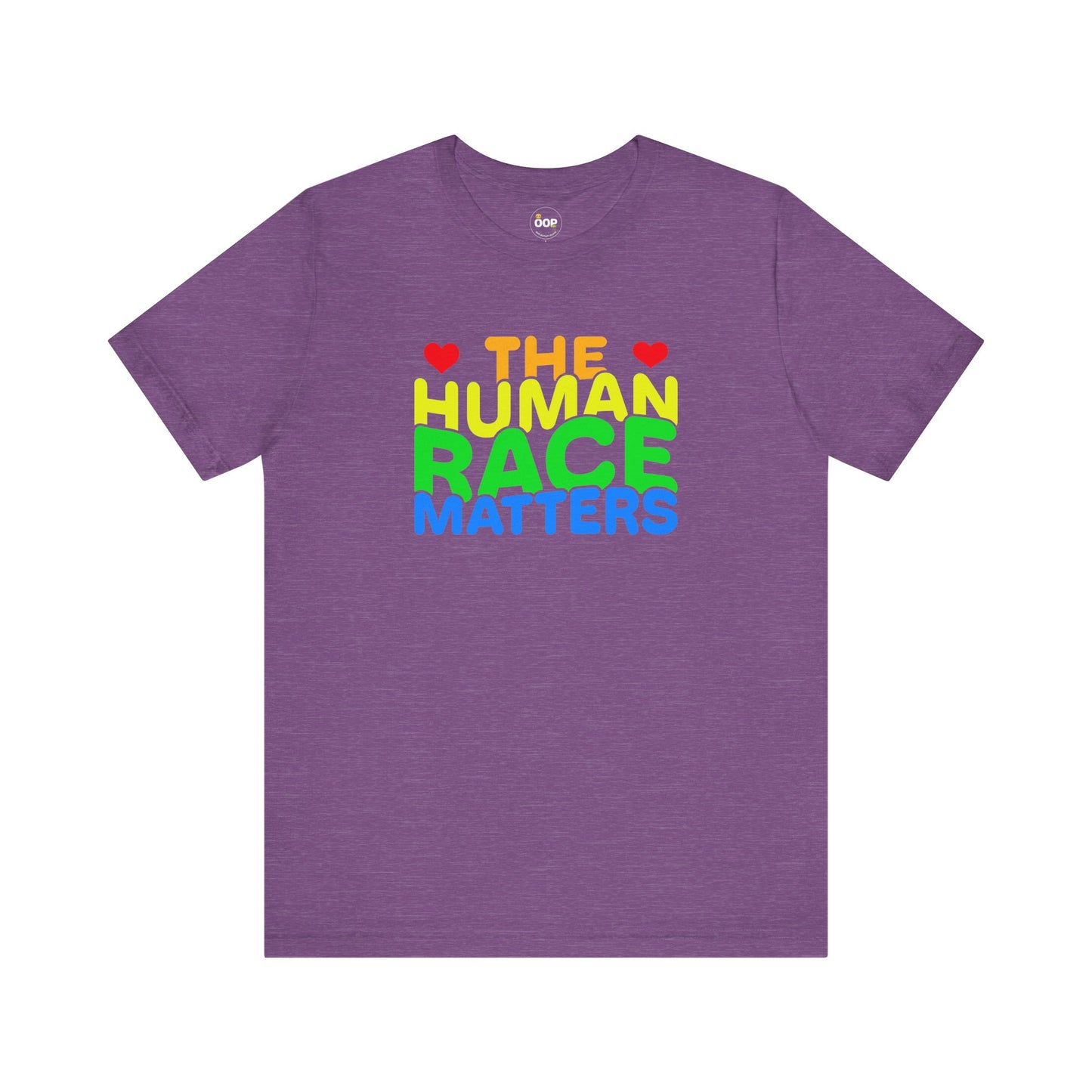 Purple t-shirt with 'The Human Race Matters' text in colorful letters 