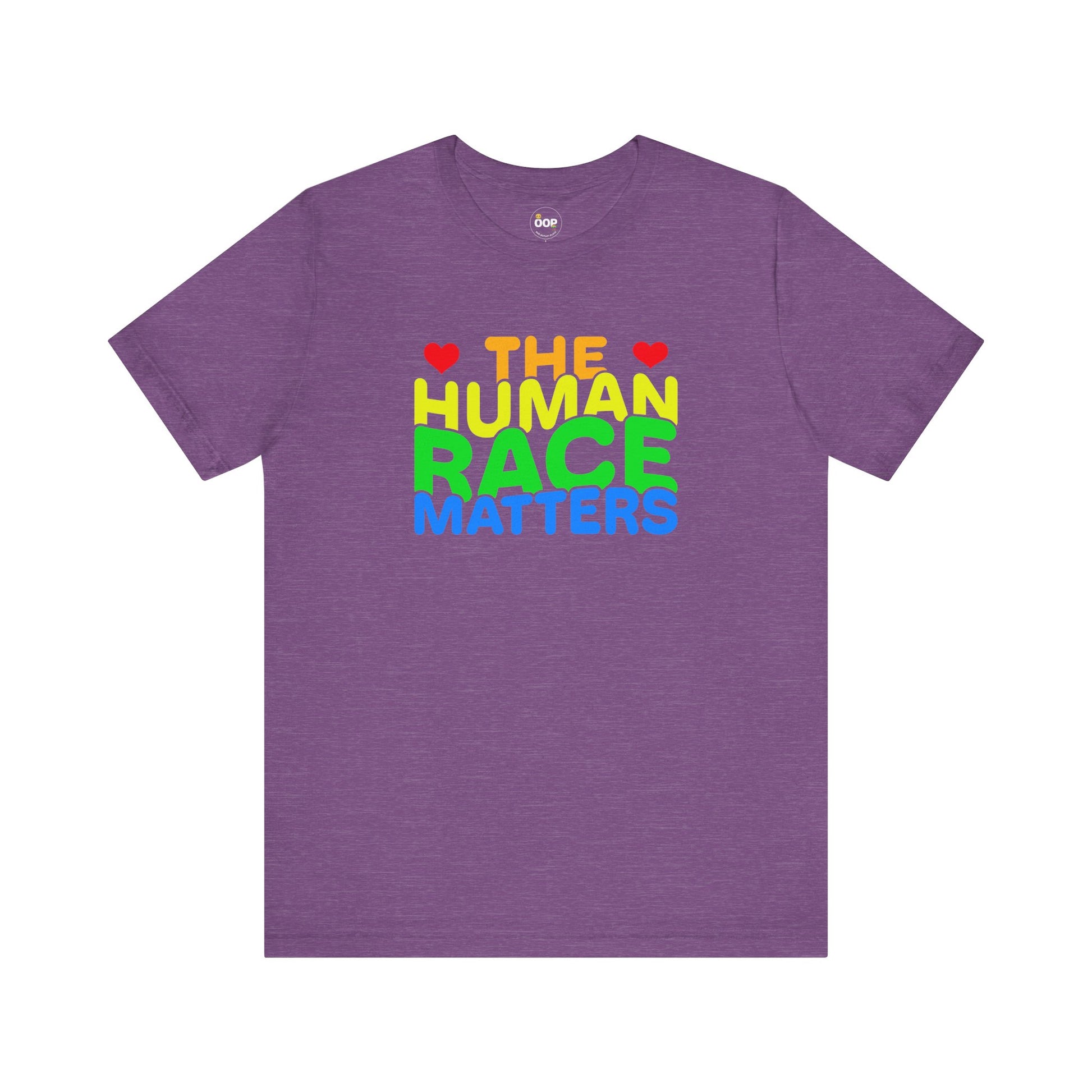 Purple t-shirt with 'The Human Race Matters' text in colorful letters 