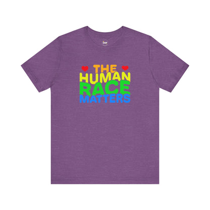 Purple t-shirt with 'The Human Race Matters' text in colorful letters 