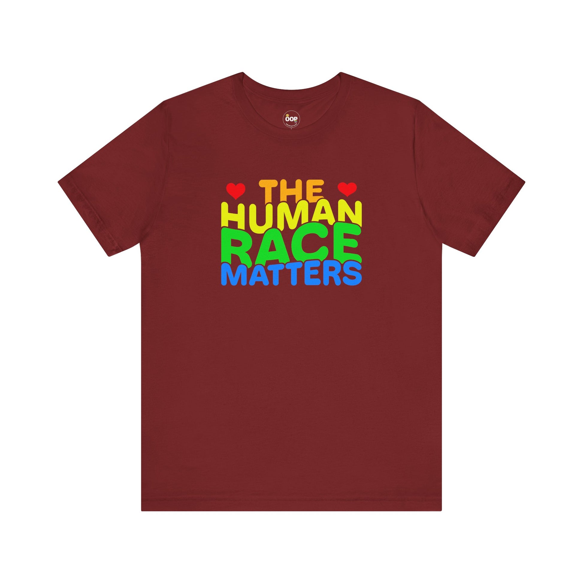 Maroon t-shirt with 'THE HUMAN RACE MATTERS' text in multicolor 