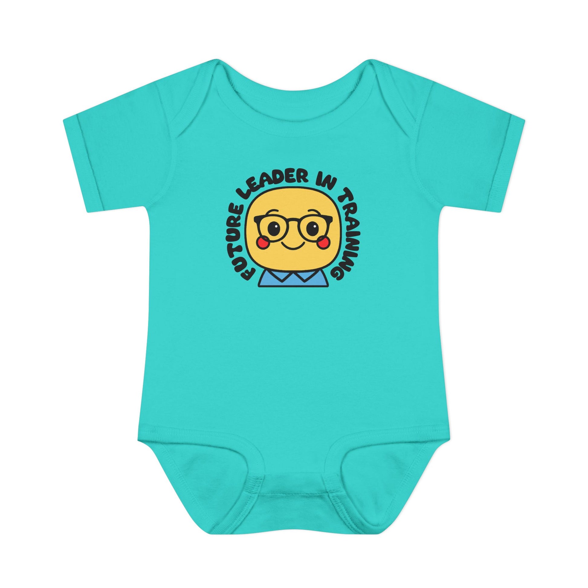 Turquoise baby onesie with a graphic of a face wearing glasses and text on a white background