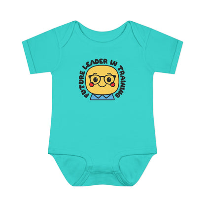 Turquoise baby onesie with a graphic of a face wearing glasses and text on a white background