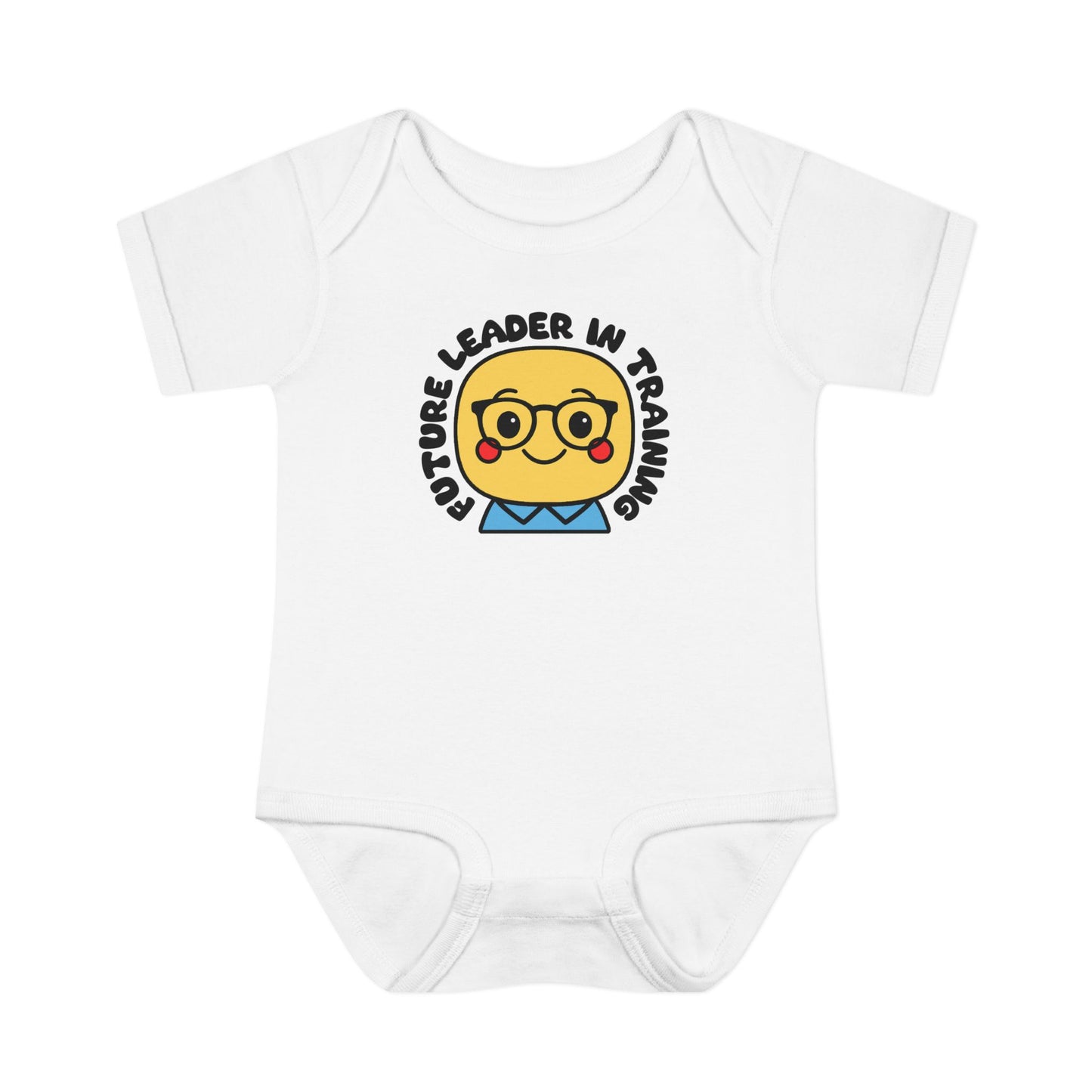 White baby onesie with a smiley face design and text on a white background