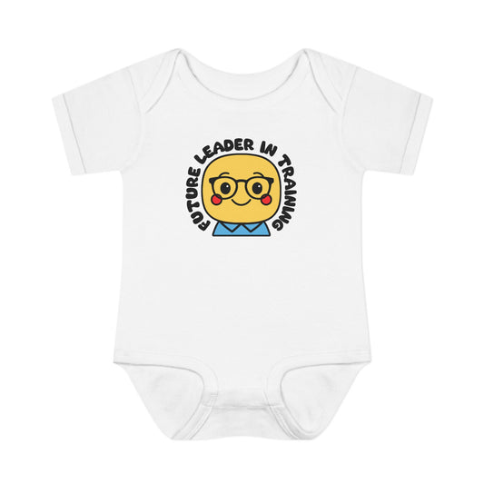 White baby onesie with a smiley face design and text on a white background