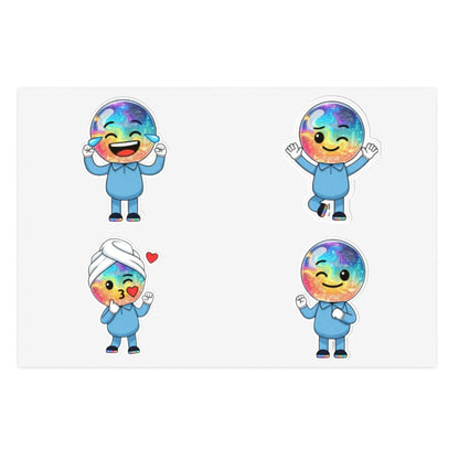 Four colorful cartoon characters with rainbow hair on a white background